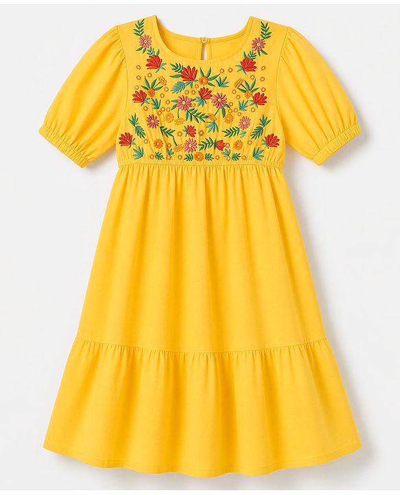 Pine Kids Cotton Woven Dress with Half Sleeves and Floral Embroidery - Yellow