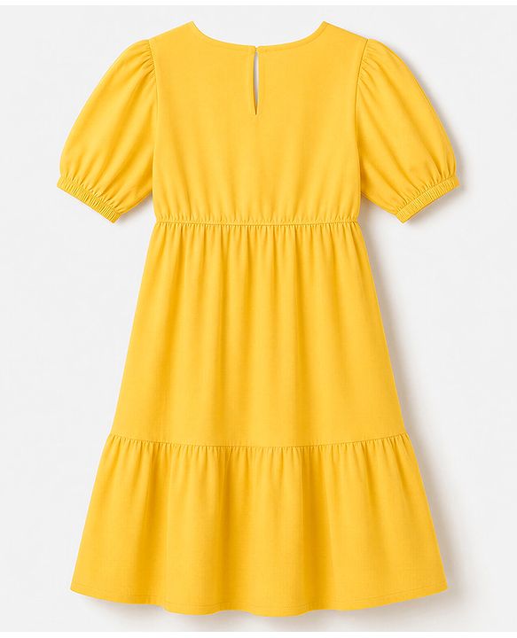 Pine Kids Cotton Woven Dress with Half Sleeves and Floral Embroidery - Yellow