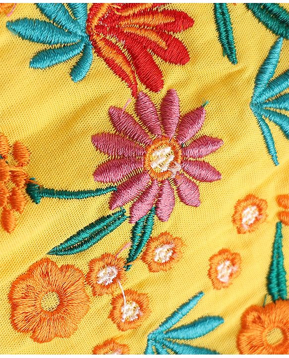Pine Kids Cotton Woven Dress with Half Sleeves and Floral Embroidery - Yellow