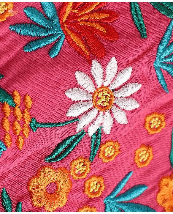 Pine Kids Cotton Woven One Piece Dress with Half Sleeves and Floral Embroidery - Fuchsia