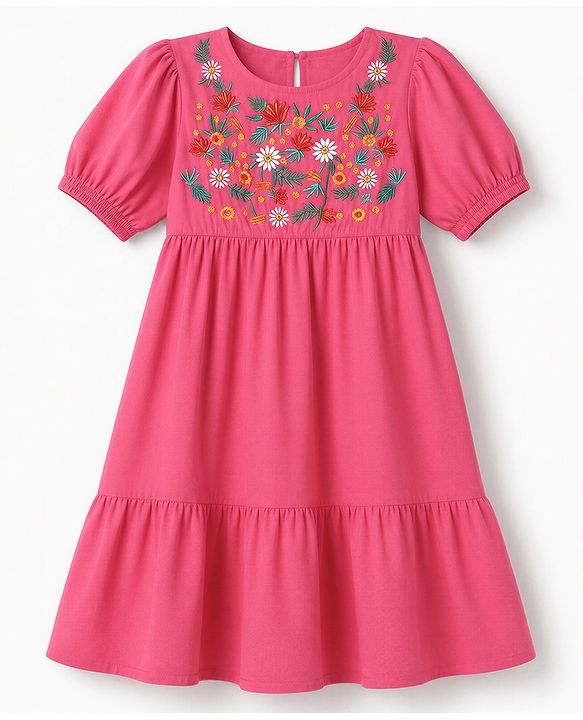 Pine Kids Cotton Woven One Piece Dress with Half Sleeves and Floral Embroidery - Fuchsia