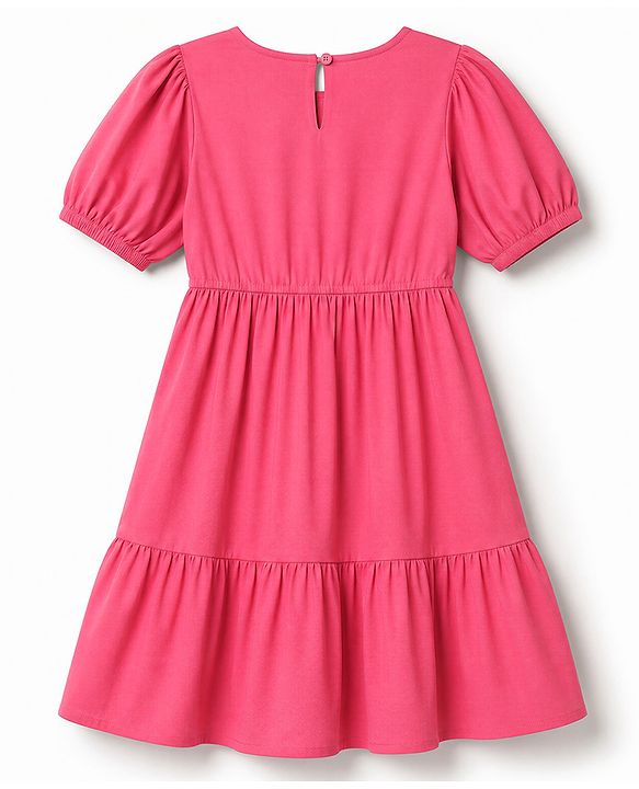 Pine Kids Cotton Woven One Piece Dress with Half Sleeves and Floral Embroidery - Fuchsia