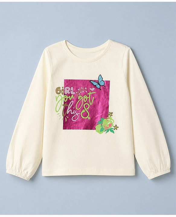 Pine Kids 100% Cotton Linen Knit Full Sleeves Top with Girl You Got This Text and Butterfly Print - White