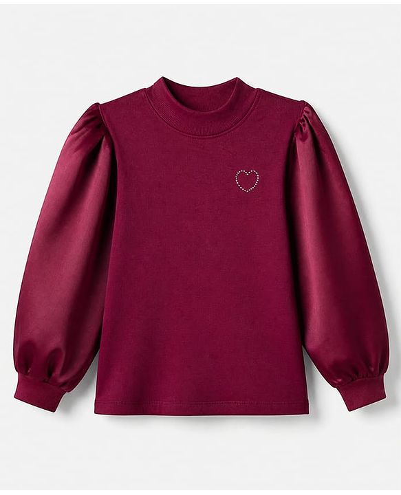 Pine Kids Cotton Mix Knit Top with Full Peasant Sleeve and Heart Embellished in Maroon