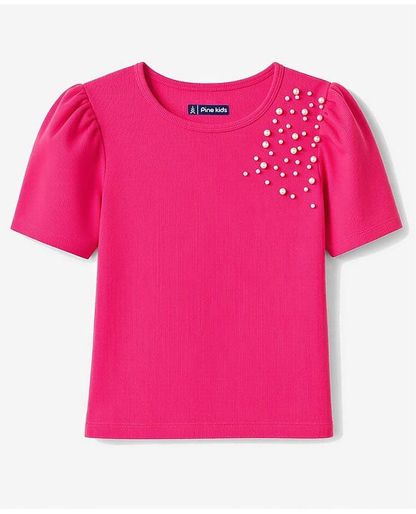 Pine Kids Knitted Half Sleeves Top With Pearl Embellished - Pink
