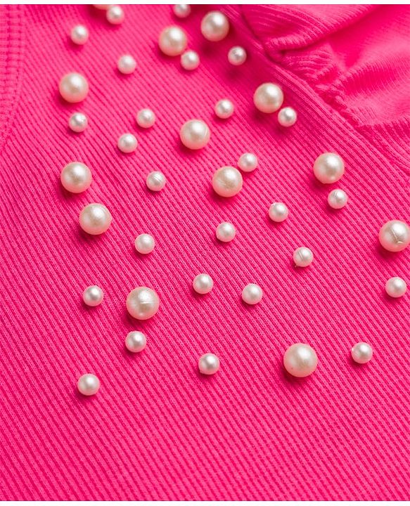 Pine Kids Knitted Half Sleeves Top With Pearl Embellished - Pink