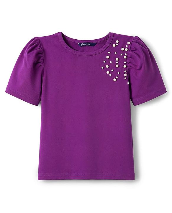 Pine Kids Cotton Lycra Knit Half Sleeves Top With Pearl Embellishment - Violet