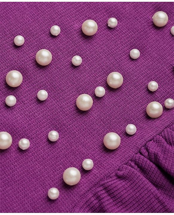 Pine Kids Cotton Lycra Knit Half Sleeves Top With Pearl Embellishment - Violet