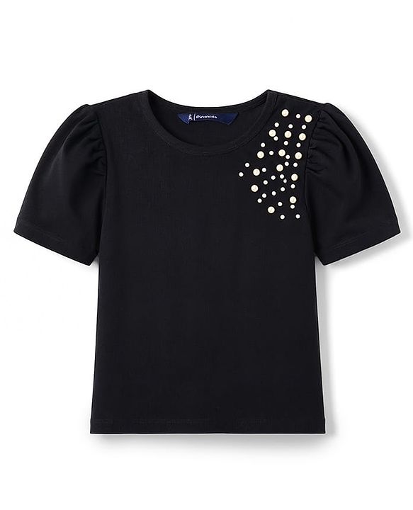 Pine Kids Cotton Lycra Knit Half Sleeves Top With Pearl Embellishment - Black