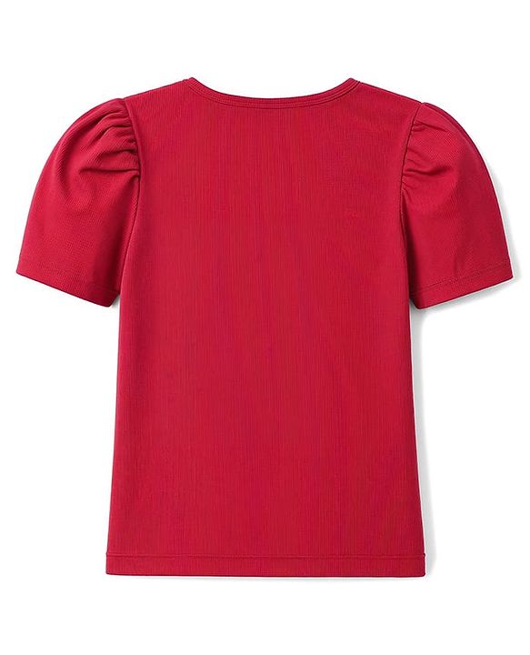 Pine Kids Cotton Lycra Knit Half Sleeves Top With Pearl Embellishment - Red