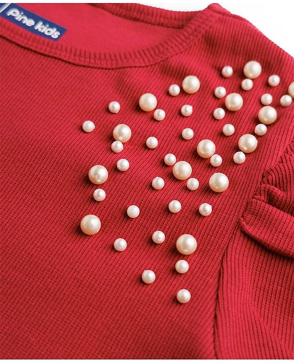 Pine Kids Cotton Lycra Knit Half Sleeves Top With Pearl Embellishment - Red