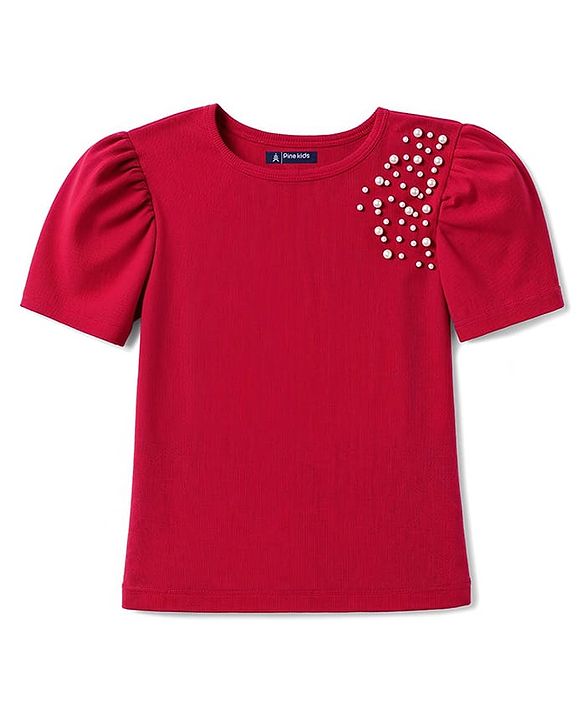 Pine Kids Cotton Lycra Knit Half Sleeves Top With Pearl Embellishment - Red