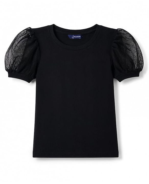 Pine Kids Cotton Lycra Knit Half Sleeves Solid Top - Black