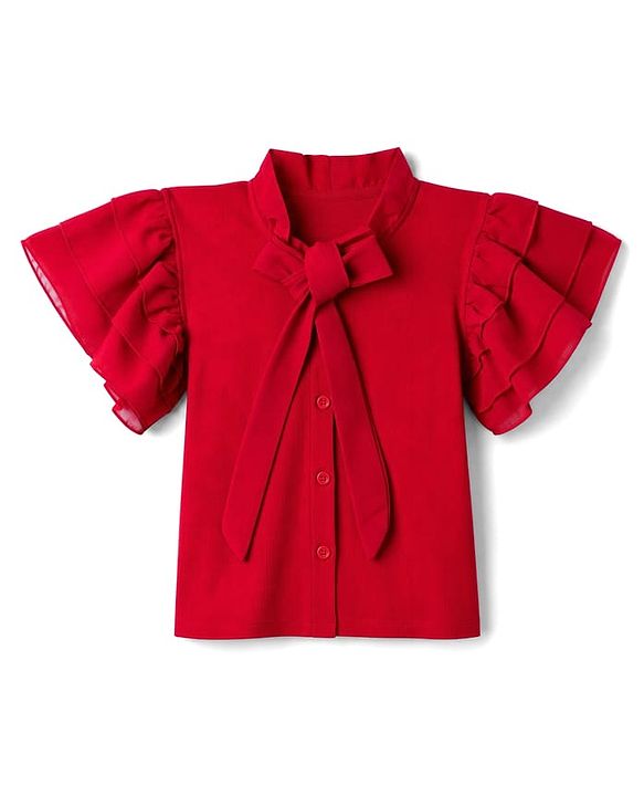 Pine Kids Cotton Lycra Knit Half Sleeves Top with Knot -Red