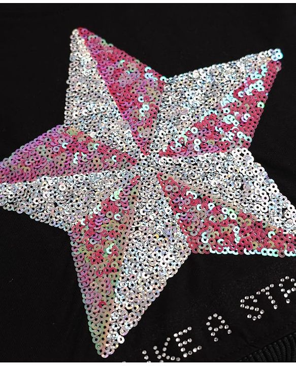 Pine Kids 100% Cotton Knit Crop Top with Half Sleeves and Star Sequins - Black