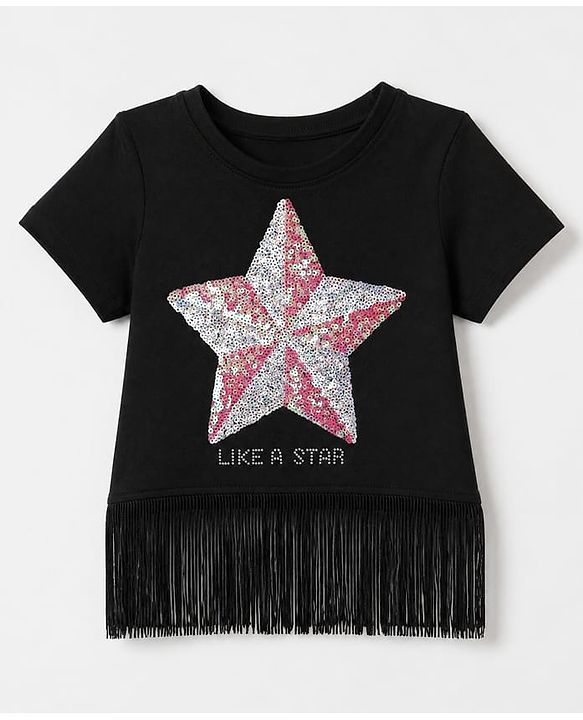 Pine Kids 100% Cotton Knit Crop Top with Half Sleeves and Star Sequins - Black