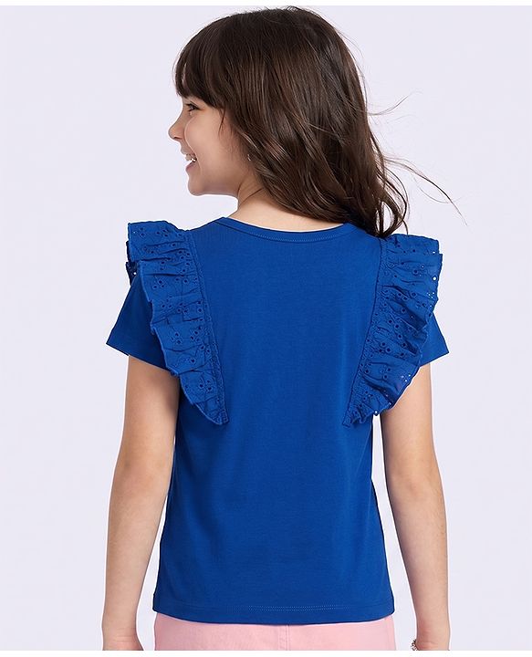 Pine Kids Cotton Knit Half Sleeves Top with Effortlessly Beautiful Embroidery and Frill Detailing in Blue for 4-5 Years