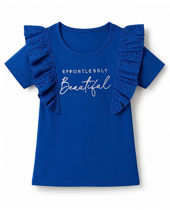Pine Kids Cotton Knit Half Sleeves Top with Effortlessly Beautiful Embroidery and Frill Detailing in Blue for 4-5 Years