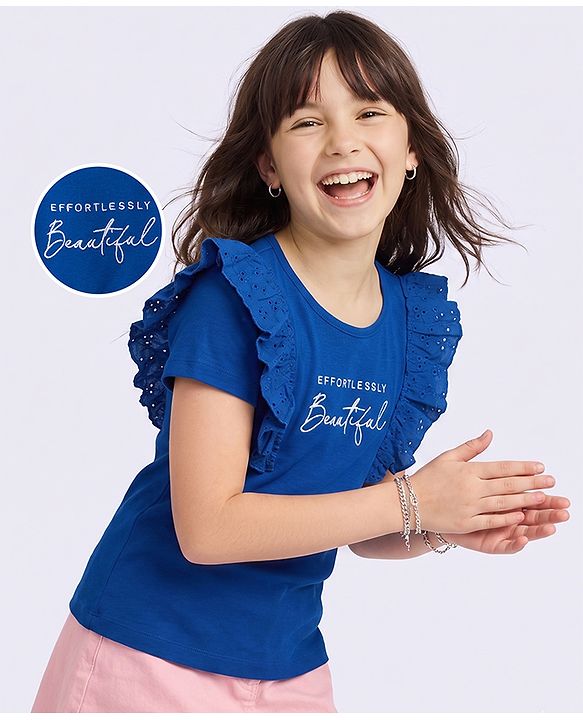 Pine Kids Cotton Knit Half Sleeves Top with Effortlessly Beautiful Embroidery and Frill Detailing in Blue for 4-5 Years