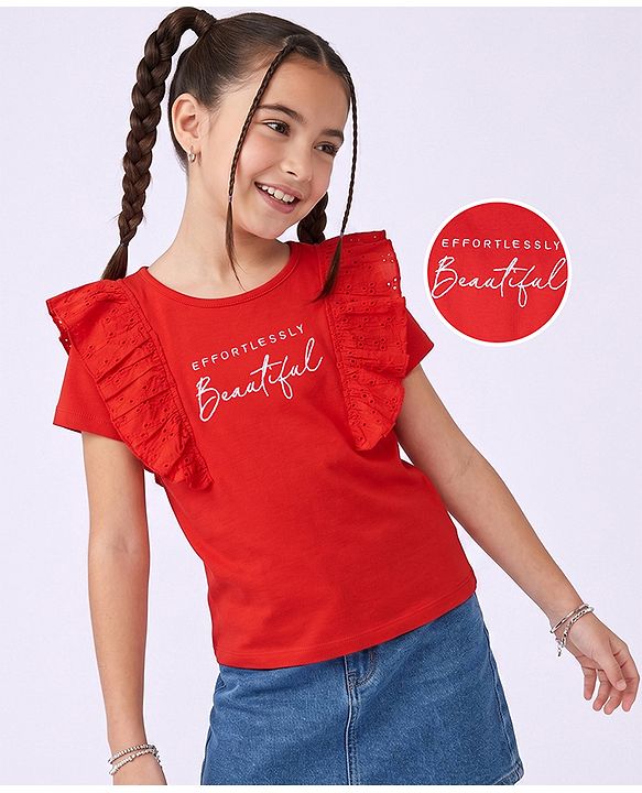 Pine Kids Cotton Knit Half Sleeves Top with Frill Detailing and Effortlessly Beautiful Embroidery in Red for 4-5 Years