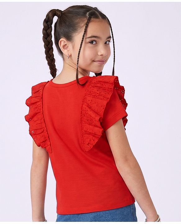 Pine Kids Cotton Knit Half Sleeves Top with Frill Detailing and Effortlessly Beautiful Embroidery in Red for 4-5 Years
