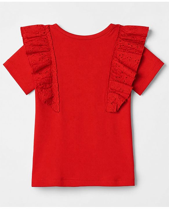 Pine Kids Cotton Knit Half Sleeves Top with Frill Detailing and Effortlessly Beautiful Embroidery in Red for 4-5 Years