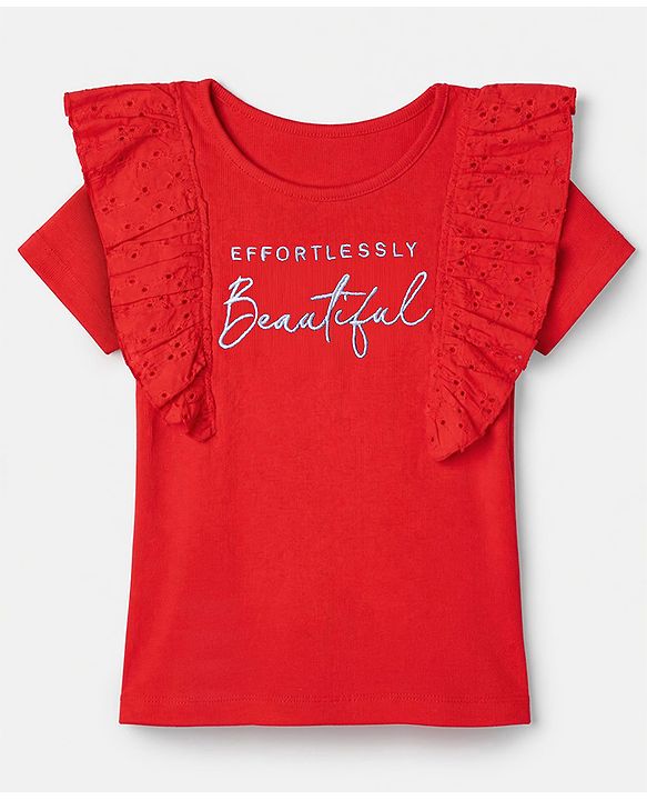 Pine Kids Cotton Knit Half Sleeves Top with Frill Detailing and Effortlessly Beautiful Embroidery in Red for 4-5 Years
