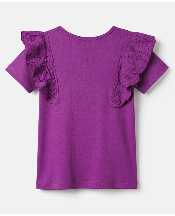 Pine Kids Cotton Lycra Knit Half Sleeves Top with Frill Detailing and Effortlessly Beautiful Embroidery - Purple