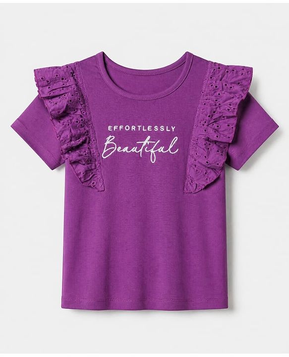 Pine Kids Cotton Lycra Knit Half Sleeves Top with Frill Detailing and Effortlessly Beautiful Embroidery - Purple