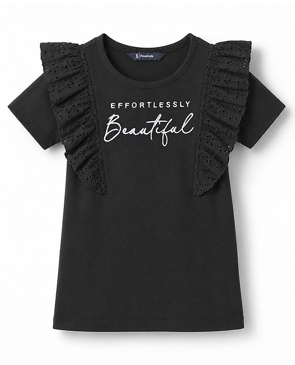 Pine Kids Cotton Knit Half Sleeves Top with Frill Detailing and Effortlessly Beautiful Embroidery in Black for 4-5 Years