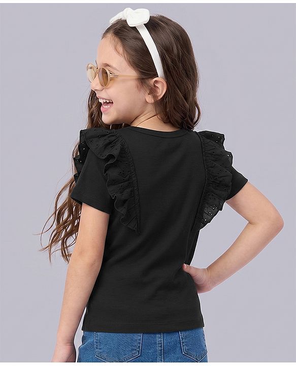 Pine Kids Cotton Knit Half Sleeves Top with Frill Detailing and Effortlessly Beautiful Embroidery in Black for 4-5 Years