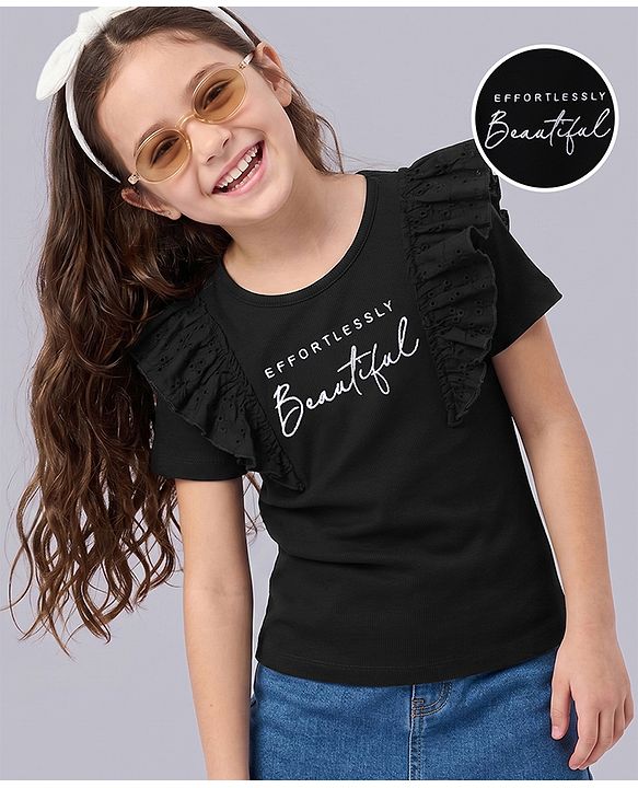 Pine Kids Cotton Knit Half Sleeves Top with Frill Detailing and Effortlessly Beautiful Embroidery in Black for 4-5 Years