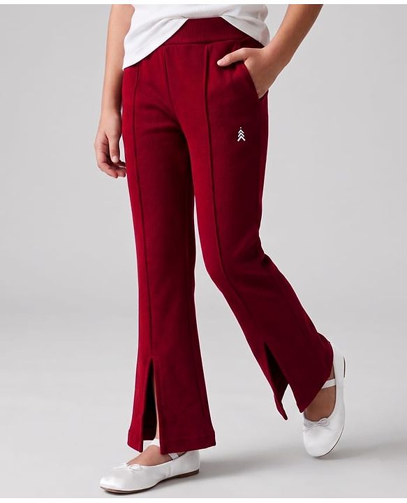 Pine Kids Cotton Lycra Knit Full Length Solid Leggings - Maroon