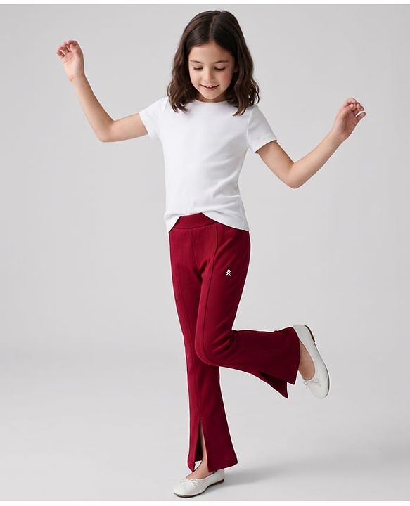 Pine Kids Cotton Lycra Knit Full Length Solid Leggings - Maroon