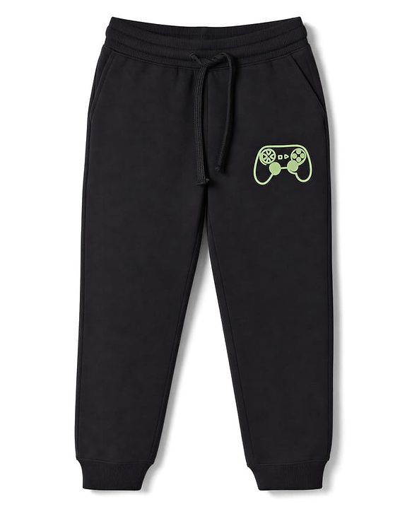 Pine Kids Cotton Knit Full Length Lounge & Track Pant With Remote Print - Black