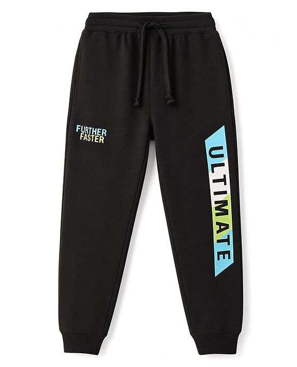 Pine Kids Cotton Knit Full Length Lounge Pants With Text Print - Black