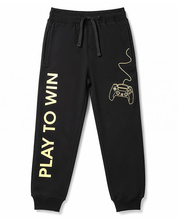 Pine Kids Knit Full Length Game Pad & Text Printed Lounge Pant with Pockets- Black