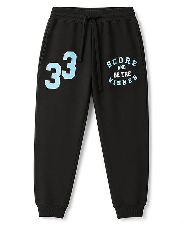 Pine Kids Cotton Knit Full Length Lounge Pants With Text Print - Black