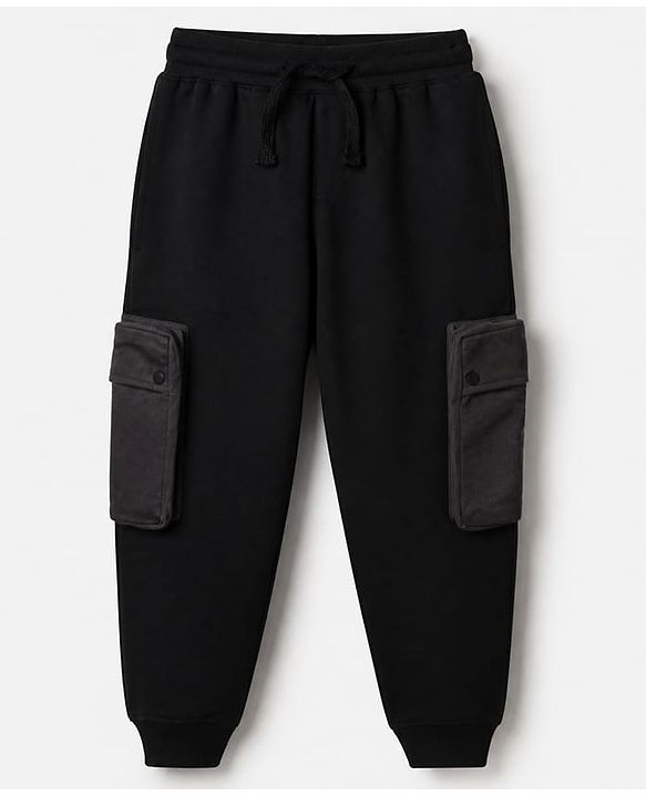 Pine Kids Cotton Knit Full Length Solid Track Pants with Pockets - Black