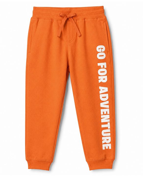 Pine Kids Knit Full Length Lounge Pant With Pockets & Text Print - Orange