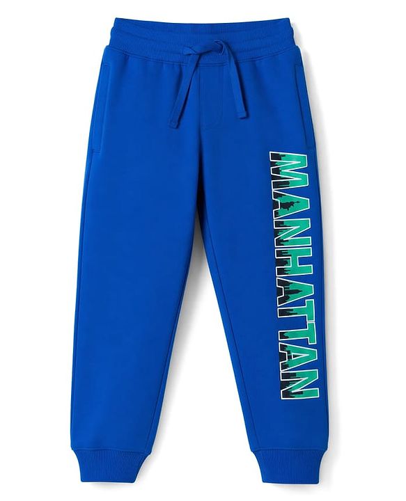 Pine Kids Cotton Knit Full Length Lounge & Track Pant With Text Print - Blue