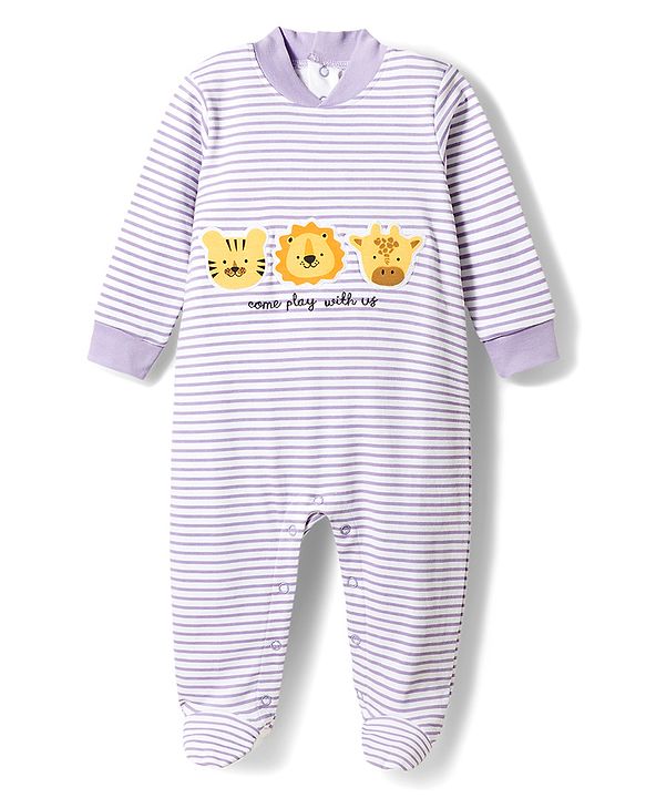 Babyhug Cotton Knit Full Sleeves  Striped Footed Sleepsuit with Animal Face Print - Lavender