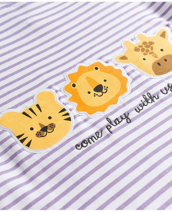 Babyhug Cotton Knit Full Sleeves  Striped Footed Sleepsuit with Animal Face Print - Lavender