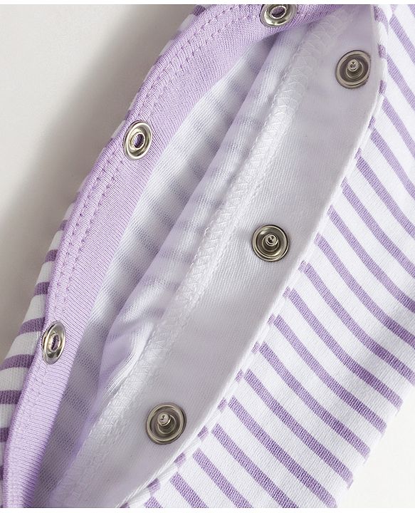 Babyhug Cotton Knit Full Sleeves  Striped Footed Sleepsuit with Animal Face Print - Lavender