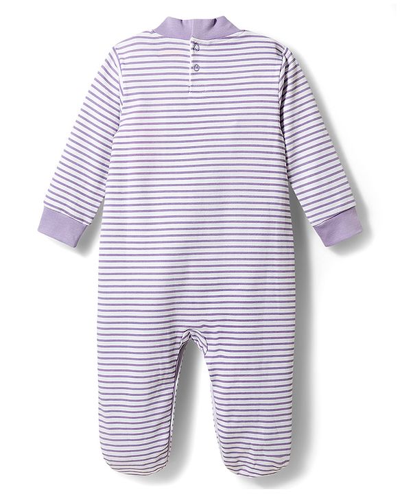 Babyhug Cotton Knit Full Sleeves  Striped Footed Sleepsuit with Animal Face Print - Lavender