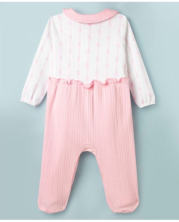 Babyhug 100% Cotton Knit Full Sleeves Floral Printed Sleepsuit Nightwear With Bow Applique - Pink