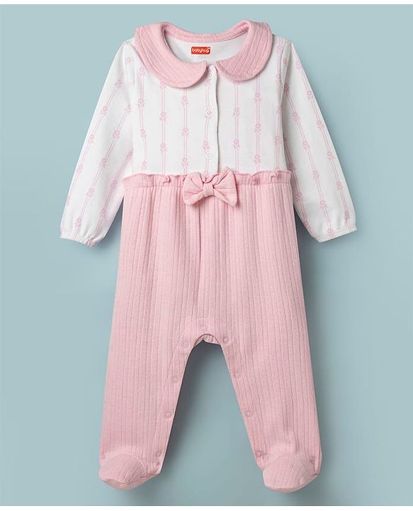 Babyhug 100% Cotton Knit Full Sleeves Floral Printed Sleepsuit Nightwear With Bow Applique - Pink