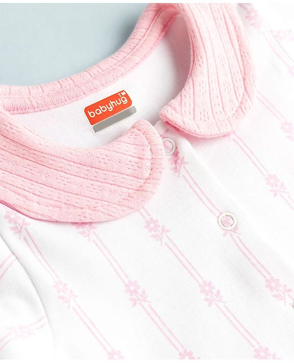Babyhug 100% Cotton Knit Full Sleeves Floral Printed Sleepsuit Nightwear With Bow Applique - Pink