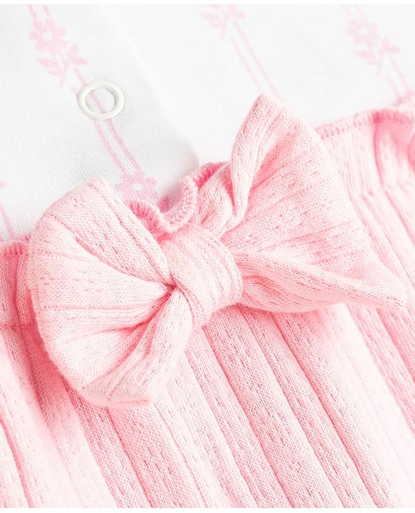 Babyhug 100% Cotton Knit Full Sleeves Floral Printed Sleepsuit Nightwear With Bow Applique - Pink