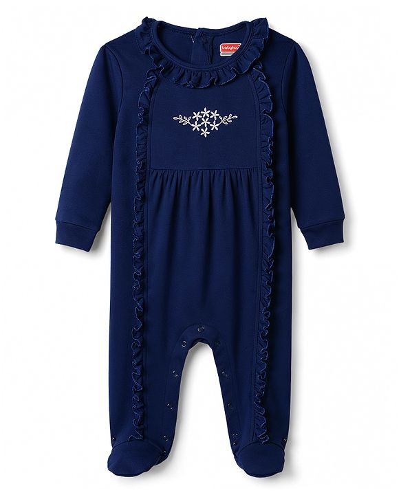 Babyhug 100% Cotton Knit Full Sleeves Footed Sleep Suit Floral Embroidery With Frill Detailing - Navy Blue